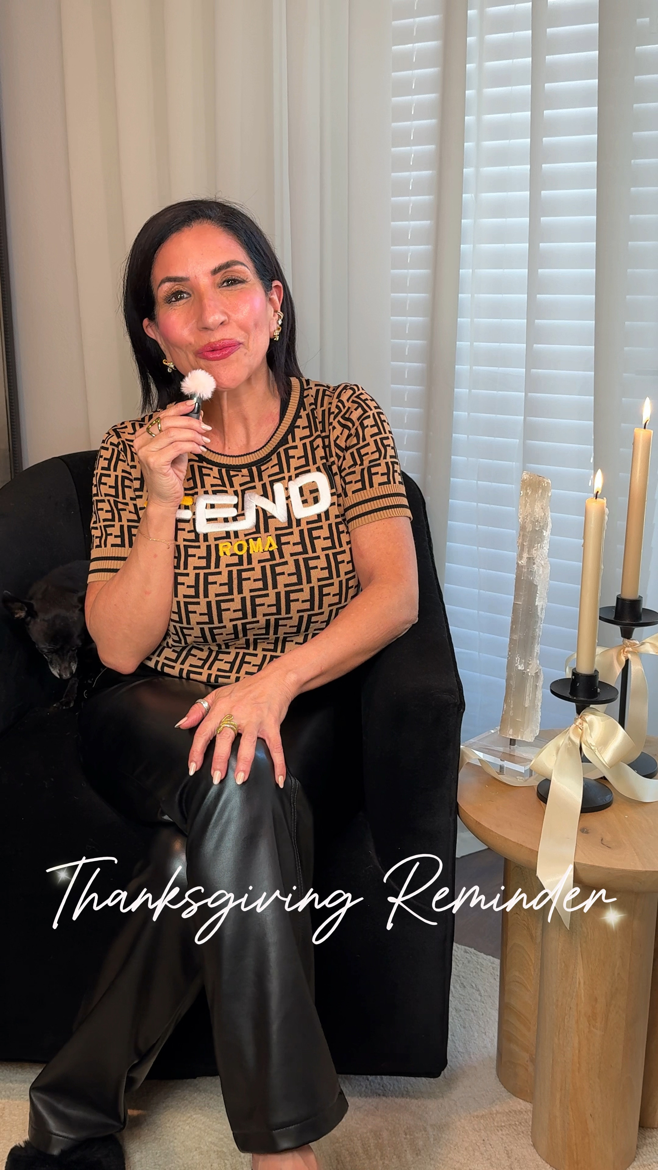 Happy Thanksgiving 
Fendi Shirt Mine Is Older Linked Newer Version
Black Faux Leather Pants 
Red Lipstick 

#LTKOver40 #LTKStyleTip #LTKBeauty