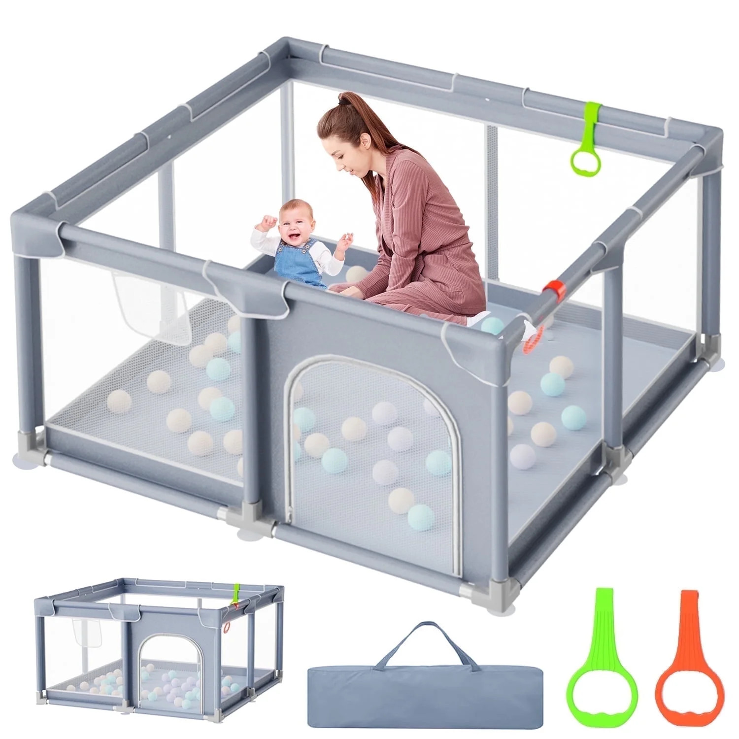 JoyStone Baby Playpen, 50 x 50 in, Non-Slip Base, Soft Mesh Sides, 2 Pull-up Rings, Carry Bag, Gr... | Walmart (US)