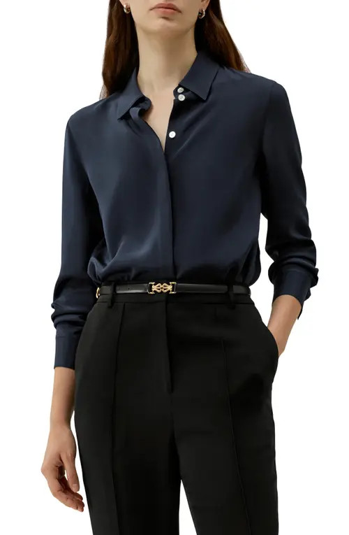 Lilysilk Graceful Button Up Silk Blouse in Midnight Blue at Nordstrom, Size Small | Nordstrom