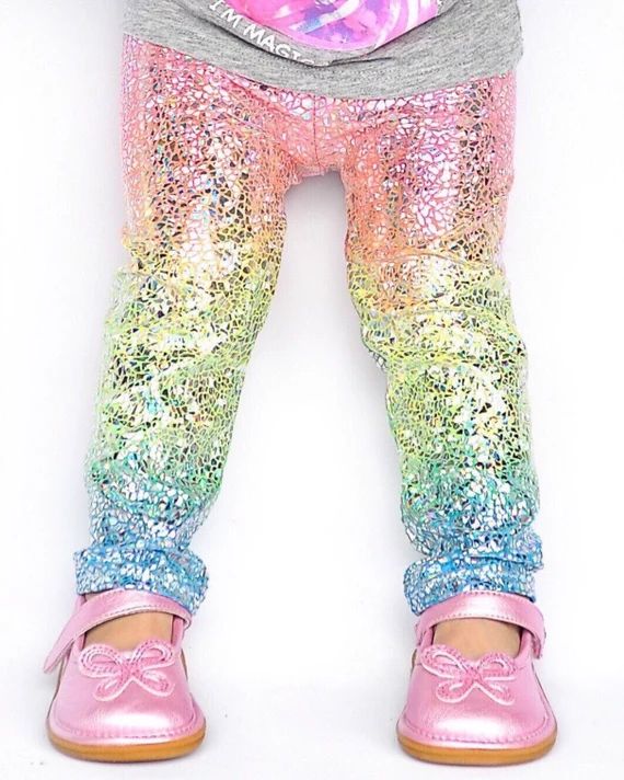 Unicorn leggings- baby girl leggings- toddler leggings- kids leggings- metallic, sparkly holographic | Etsy (US)