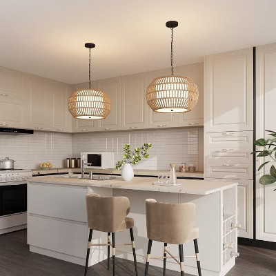 5-Light Farmhouse Rattan Chandelier with Fabric Shades - Hand Woven Pendant Light for Dining Room or Kitchen Island, Rustic Ceiling Fixture | Target