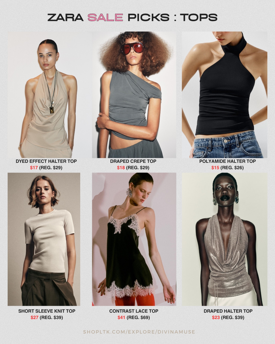 zara sale picks: tops
- dyed effect halter top (also has matching pants) 
- draped crepe top (love this color) 
- poylamide halter top ( i like the cut out in the front, shapes nicely and the material makes it look suuuuper smooth, nice touch)
- short sleeve white knit top (so simple, so minimalist, so nice for workwear and to step away from regular cotton tees) 
- contrast lace top 
- draped halter top (shiny, shimmer material)  

 #LTKHoliday #LTKSaleAlert #LTKFindsUnder50