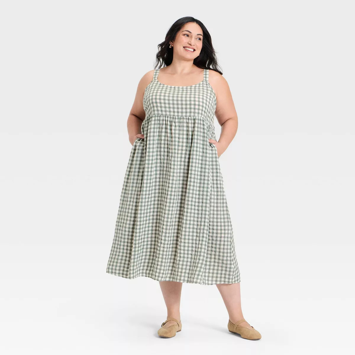 Women's Midi Empire Waist Dress - Ava & Viv™ Green Plaid 4X | Target