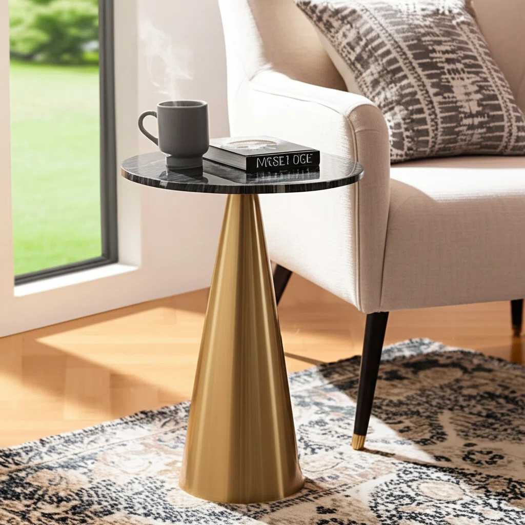 Modern Pedestal Side Table With Marble Top And Conical Base - Functional Narrow End Table For Liv... | Wayfair North America
