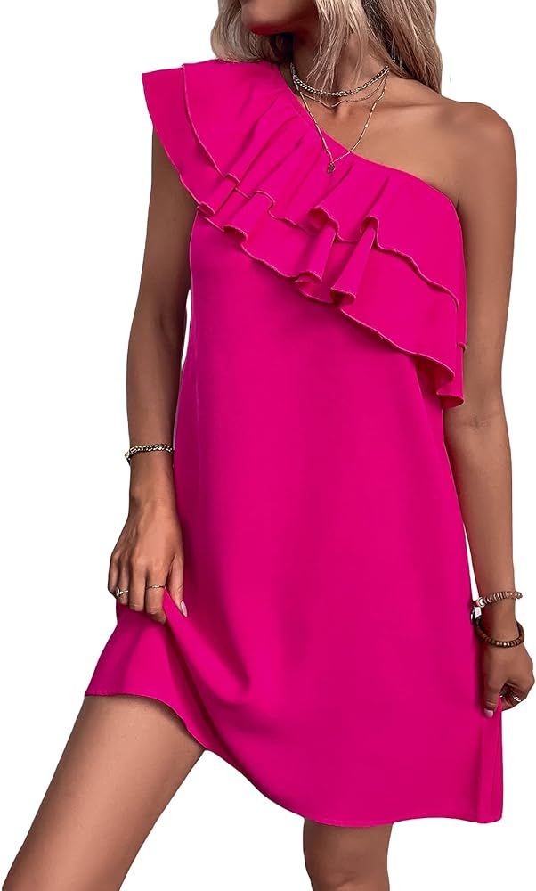 Cozyease Women's Solid One Shoulder Sleeveless A Line Short Dress Tiered Layer Ruffle Trim Party ... | Amazon (US)