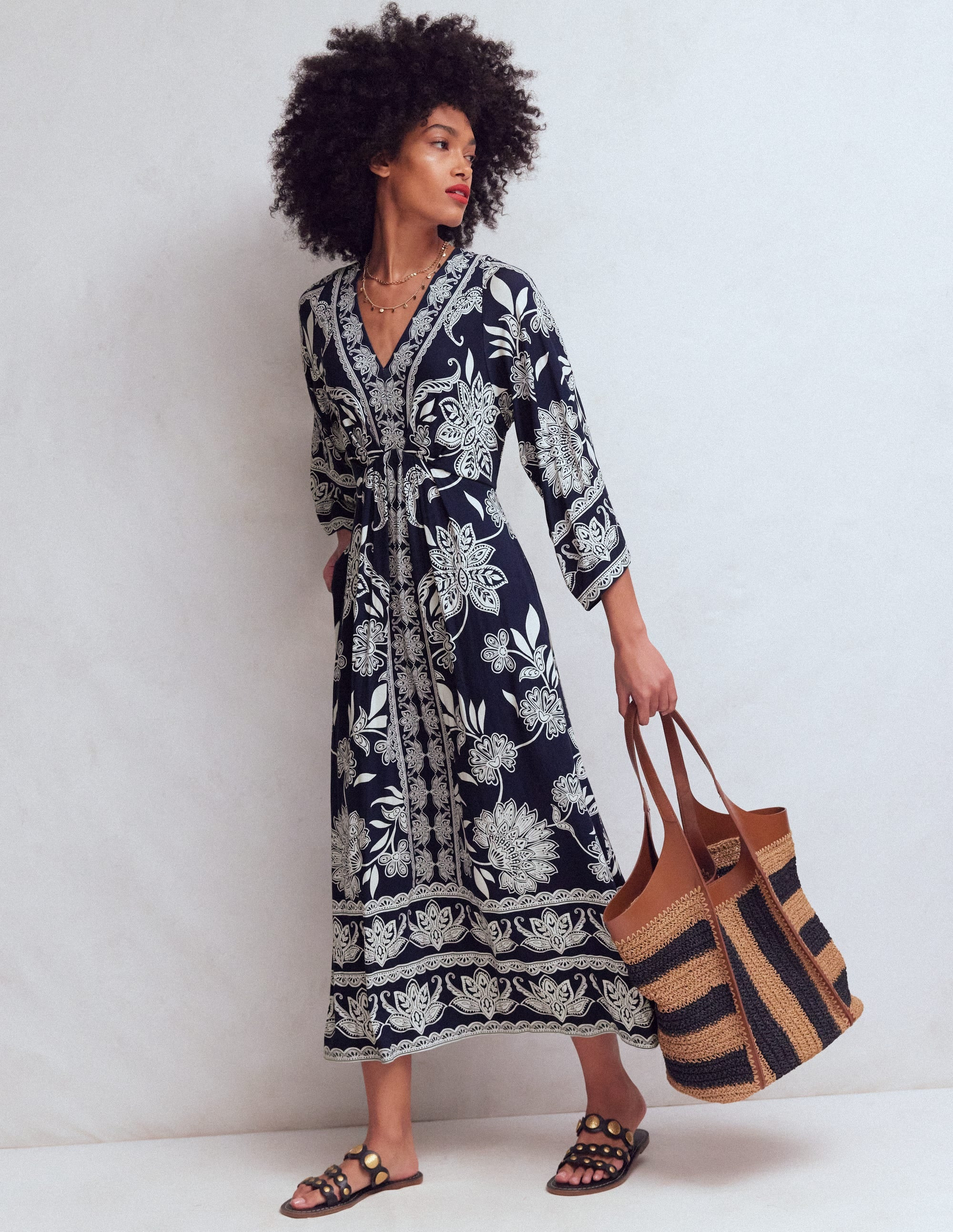 Nell Kimono Midi Jersey Dress-Navy, Elegant Blossom | Boden (US)