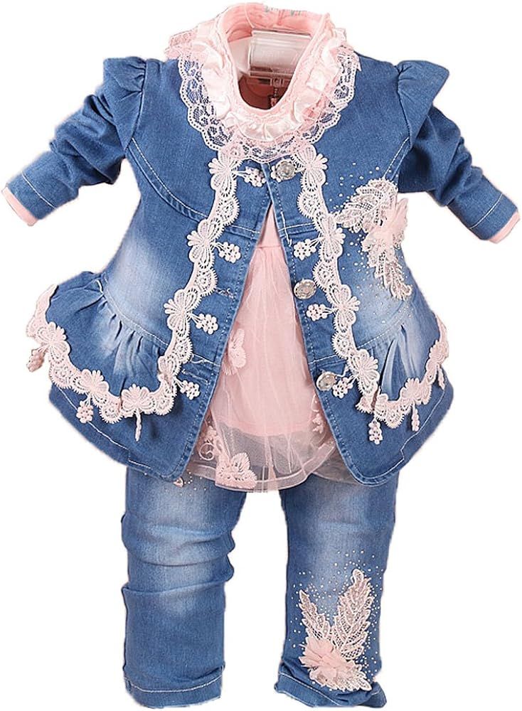 Yao 6M-4Y Infant 3Pcs Baby Girls Clothes Set Toddler Casual Outfits Lace Dress Jacket and Jeans | Amazon (US)