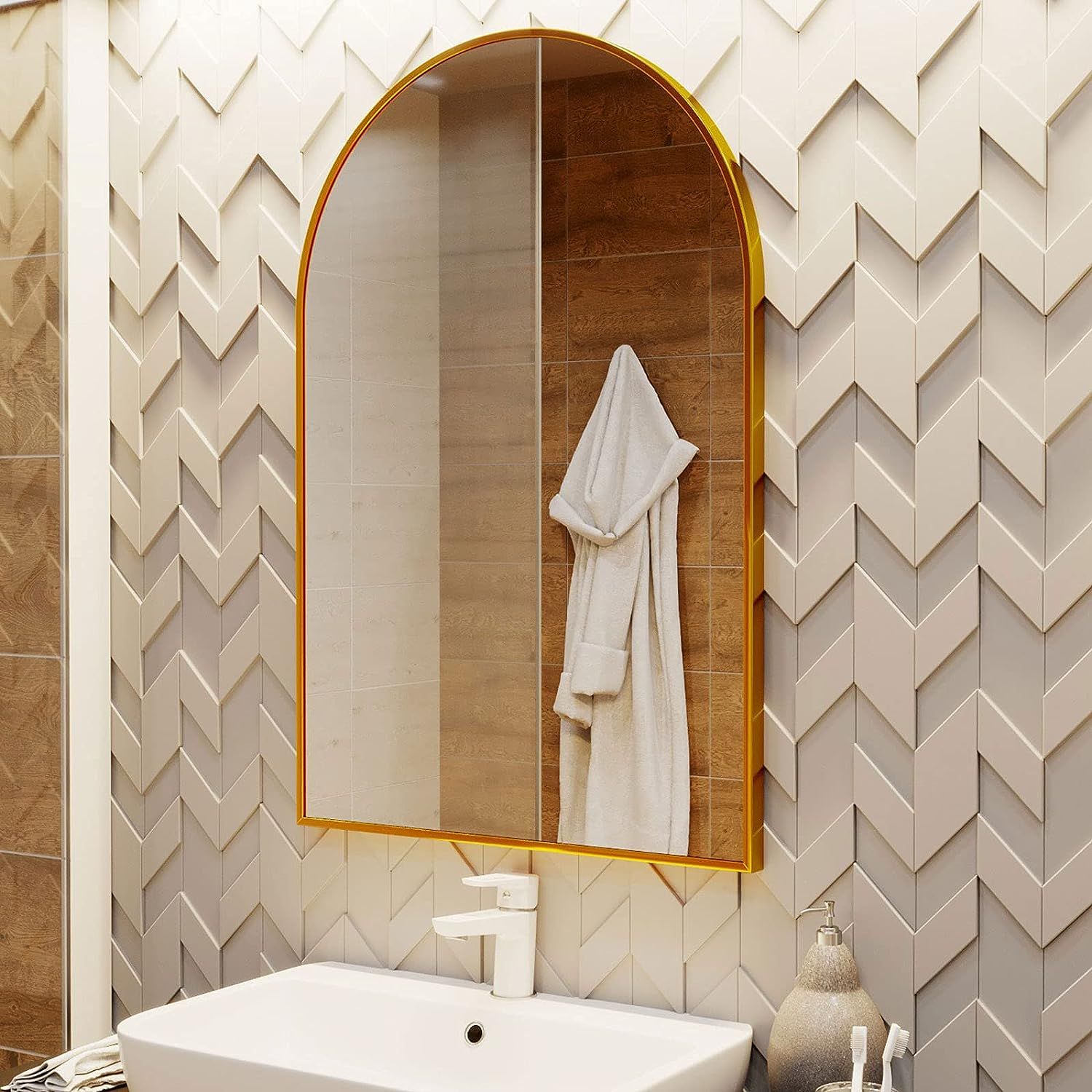 BEAUTYPEAK Wall Mounted Mirror, 24 inchx36 inch Arch Bathroom Mirror, Gold Vanity Wall Mirror w/ ... | Amazon (US)