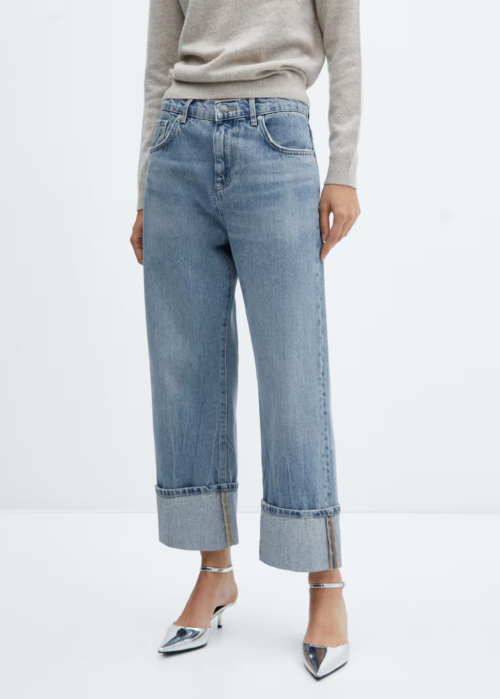 Wideleg jeans with turned-up hem | MANGO (UK)