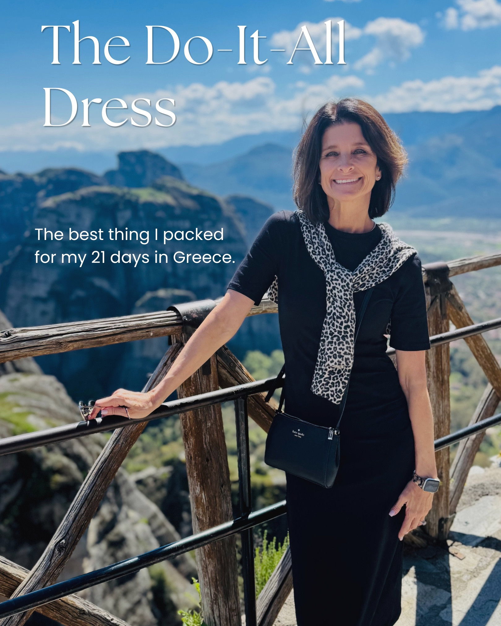 Some pieces just make getting dressed easy. A black t-shirt dress is one of them.

It's comfortable enough to wear all day. 
Easy to style in a dozen different ways (keeping with one of my travel capsule rules). 
Sneakers during the day, a dressier shoe for evening — same dress, completely different look.
Layer anything over it…it works! 
And it's so basic that nobody notices the re-wears.

That's exactly why it belongs in a travel capsule.