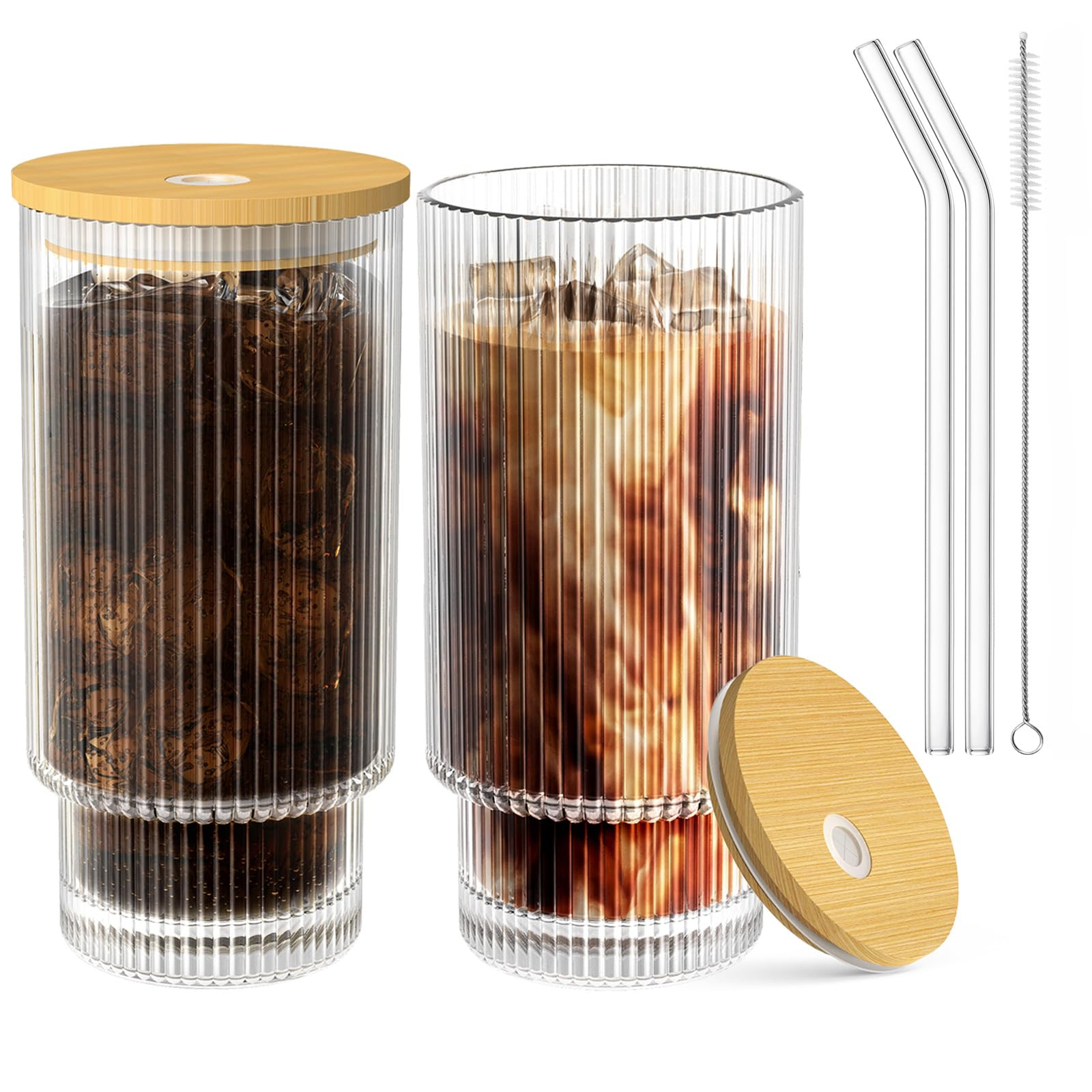 Glass Cups with Lid and Straw 2 Set, 16OZ Drinking Glasses for Whiskey Cocktail Beer, Glassware S... | Amazon (US)