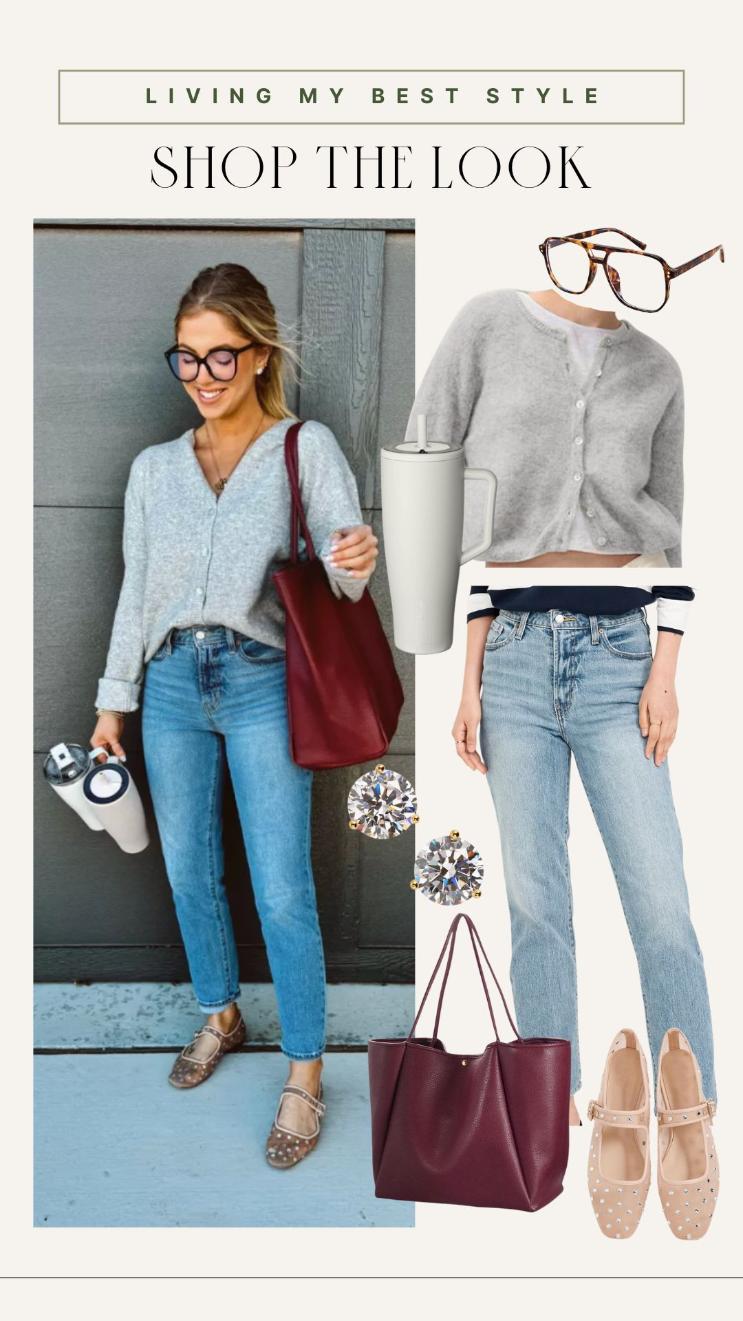 A cozy cardigan and timeless jeans paired with studded flats and a pop-of-color tote—this outfit is your go-to for casual elegance. 

 #OOTD #EffortlessStyle 

 #LTKFindsUnder100 #LTKStyleTip
