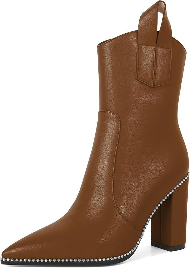 Soireelady Womens Cowboy Ankle Boots Western Booties Pointed Toe Chunky Block Heel Beaded Short B... | Amazon (US)