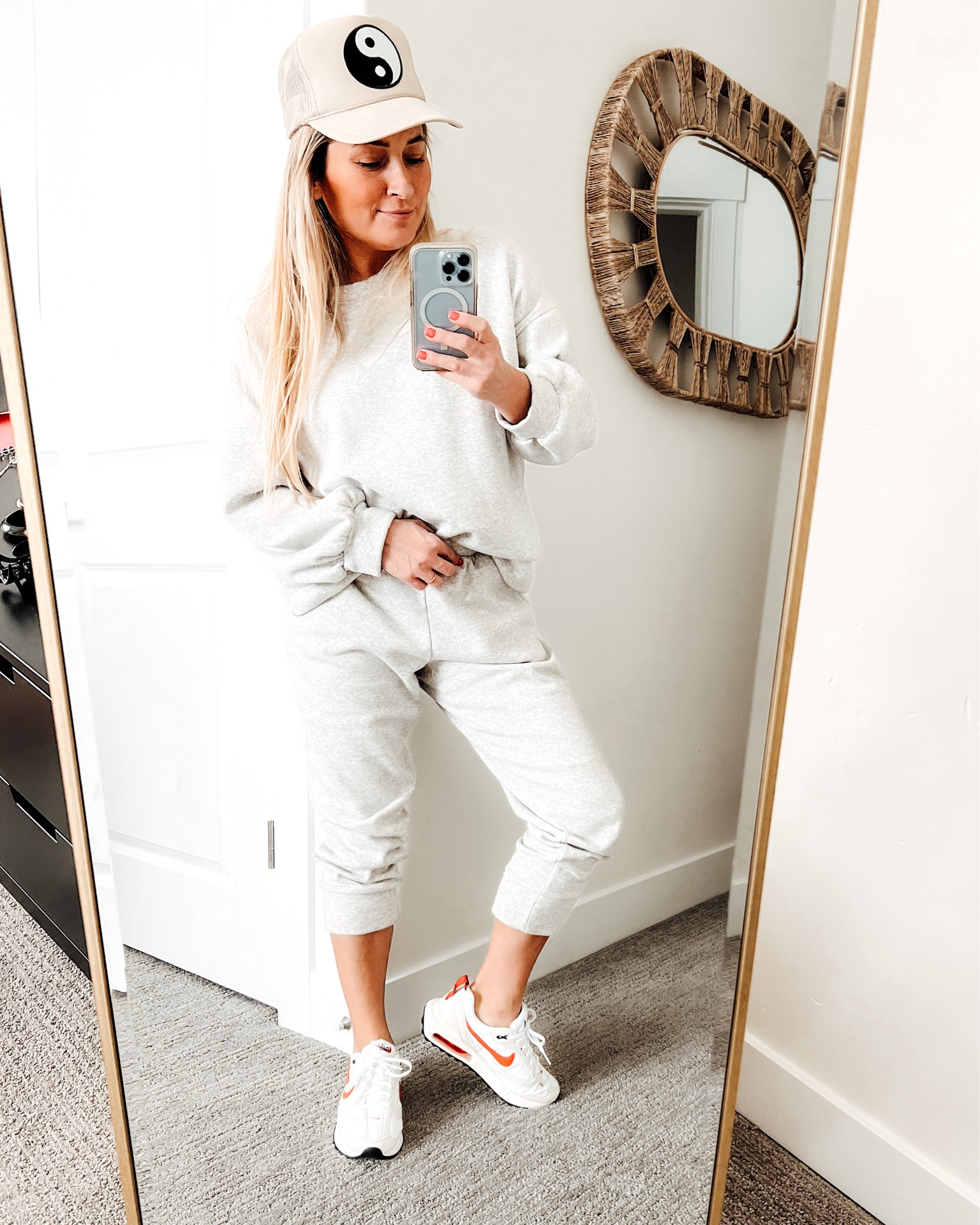 Ultimate lounge wear …. #sweatset #sneakers #truckerhat #nikes #traveloutfit 

#LTKshoecrush #LTKtravel #LTKU