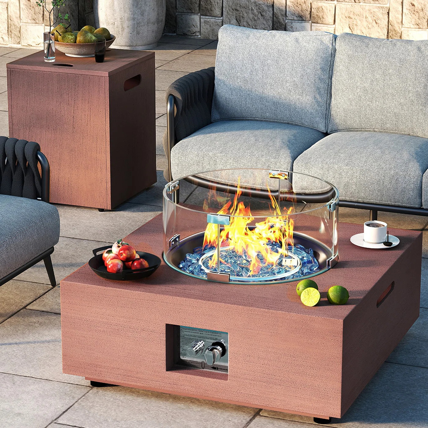 Solterra 40,000 BTU Walnut Finish Outdoor Gas Fire Pit Set with Glass Wind Guard, Weatherproof Co... | Wayfair North America