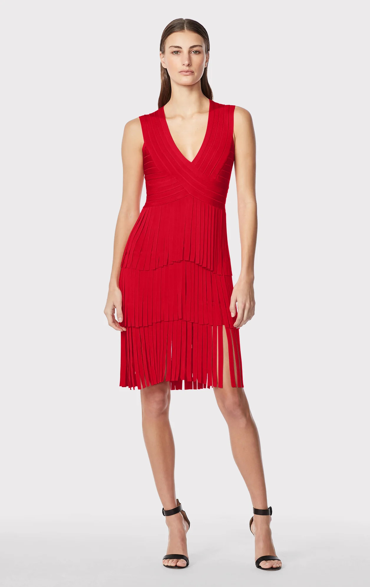 V NECK FRINGED MIDI DRESS | Herve Leger