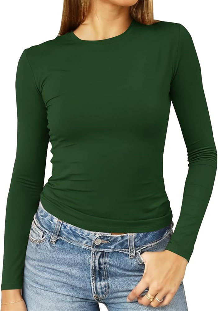 Abardsion Women's Long Sleeve Shirts Spring 2025 Casual Basic Going Out Crop Tops Slim Fit Tight ... | Amazon (US)