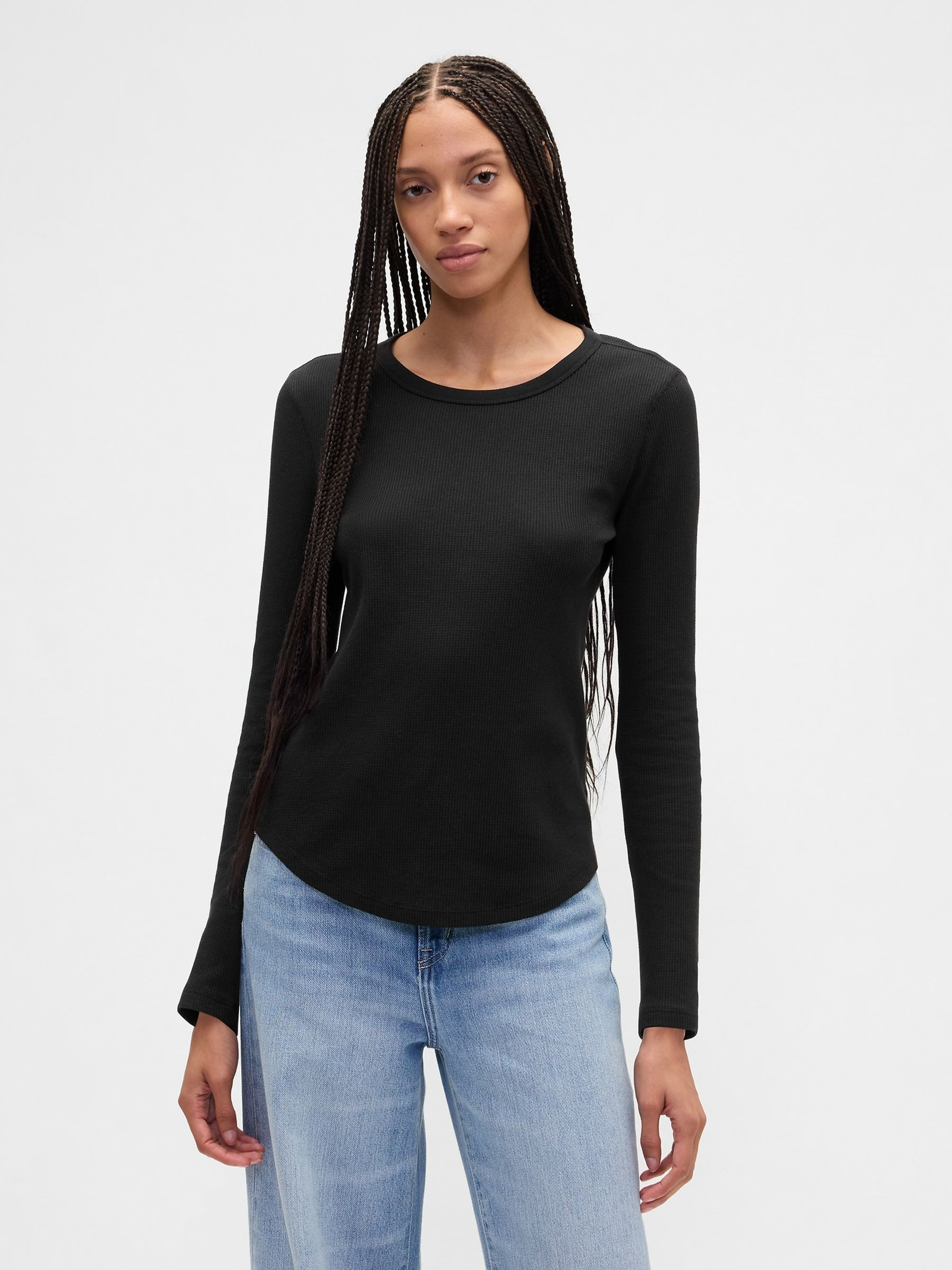 Black Waffle Knit Long Sleeve T-Shirt | Gap | GAP UK