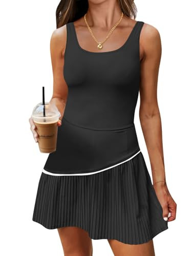 Fisoew Womens Tennis Dress with Built in Shorts and Bra Summer Sleeveless Pleated Golf Athletic Mini Dresses Black | Amazon (US)