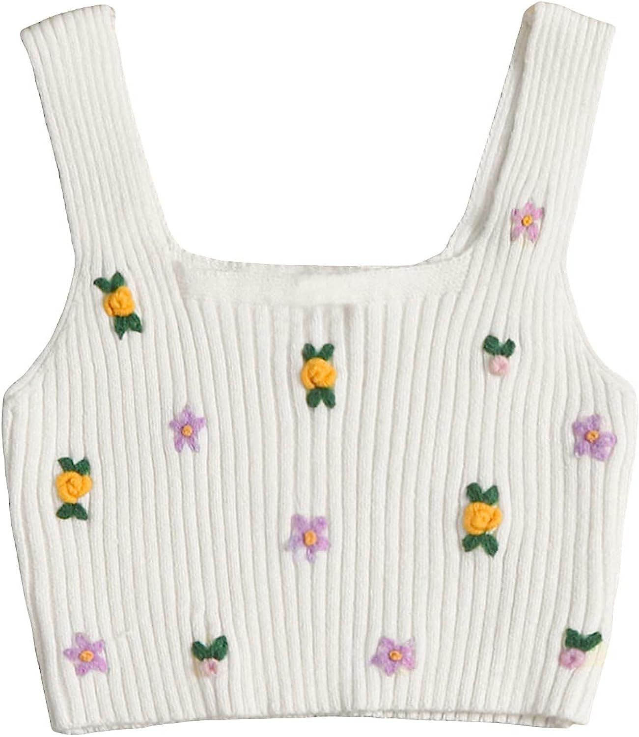MakeMeChic Women's Floral Ribbed Knit Sleeveless Square Neck Crop Tank Top | Amazon (US)