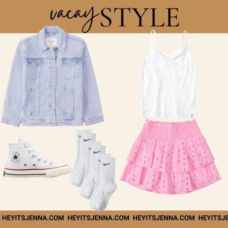 Kids outfits for spring break and Easter brunch
Pink skirt and denim jacket 
Abercrombie kids 
