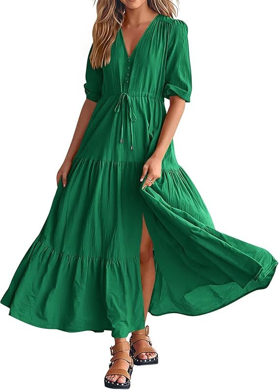 BTFBM Women Summer Dresses Short Sleeves V Neck Button Drawstring Maxi Dresses Solid Color Boho L... | Amazon (US)