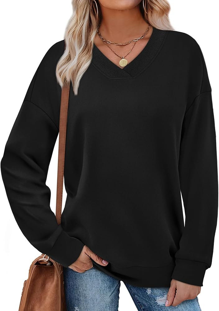 WIHOLL Sweatshirt for Women V Neck Sweaters Long Sleeve Shirts Fall Clothes Ribbed Collar 2025 Tr... | Amazon (US)