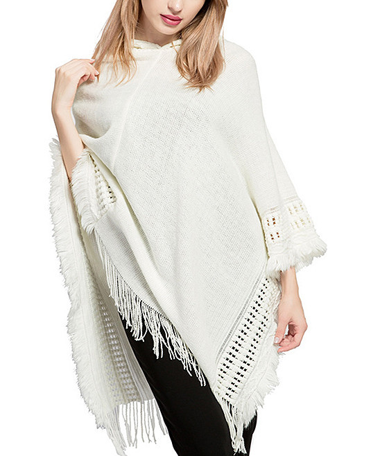 NUANLAI Women's Ponchos white - White Fringe-Hem Hooded Poncho | Zulily