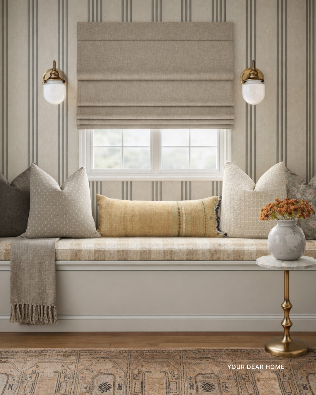 Cannot love this window nook more!
Vertical stripe wallpaper adds quiet interest, the relaxed Roman shade keeps it tailored, and the mix of small-scale patterns makes the whole nook feel designer without trying too hard. 

 #LTKHome