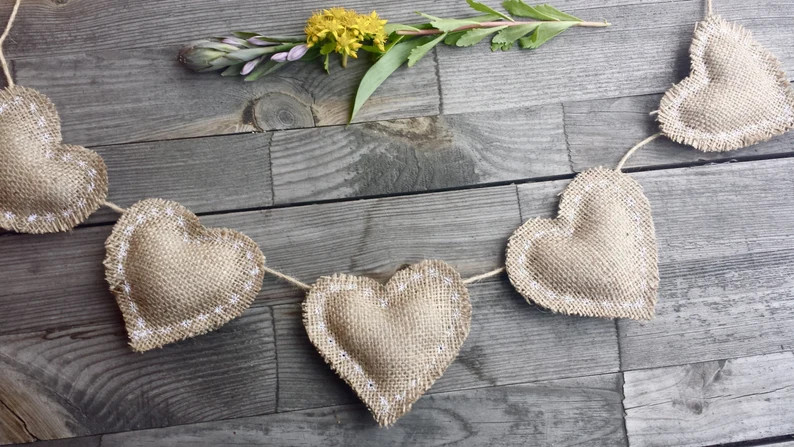 Burlap heart  garland, mini heart garland, rustic burlap garland, burlap hearts, rustic bunting, ... | Etsy (US)