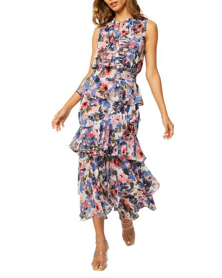 MISA Los Angeles Ilona Tiered Floral Asymmetric Dress | Neiman Marcus