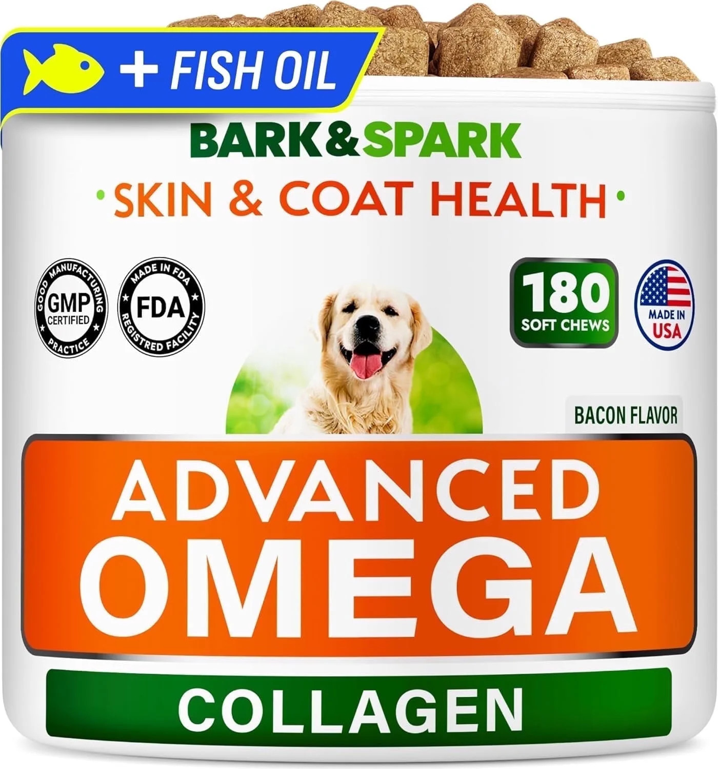 BARK&SPARK Advanced Omega-3 Collagen for Dogs - 180 Fish & Salmon Oil Treats for Dog Shedding, Sk... | Walmart (US)