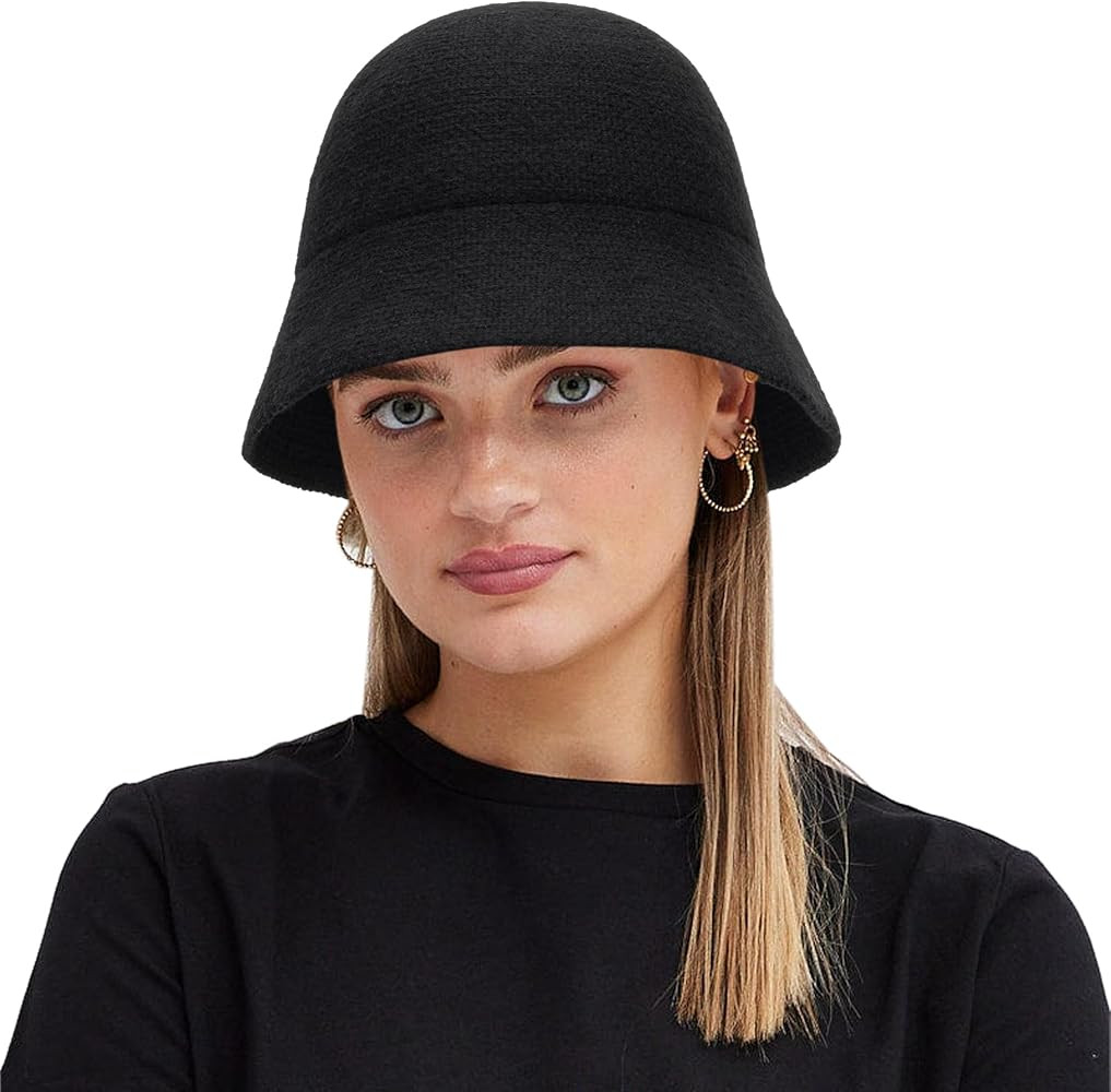 Women Winter Knit Bucket Hat - Black Vintage Warm Beanie Cap Fashion Packable Knitted Cloche Hat | Amazon (US)