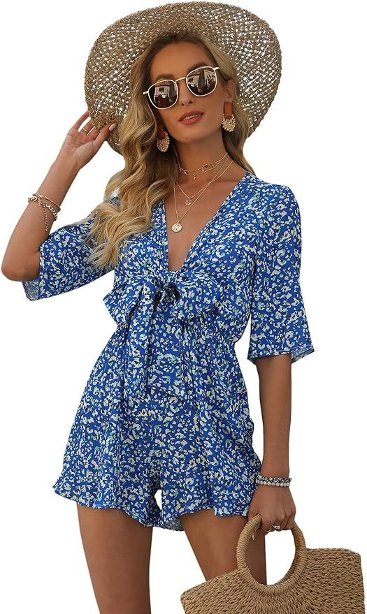AIMCOO Women's Half Sleeve Tie Knot Front Romper Floral Print Deep V Neck Sexy Jumpsuit High Elas... | Amazon (US)