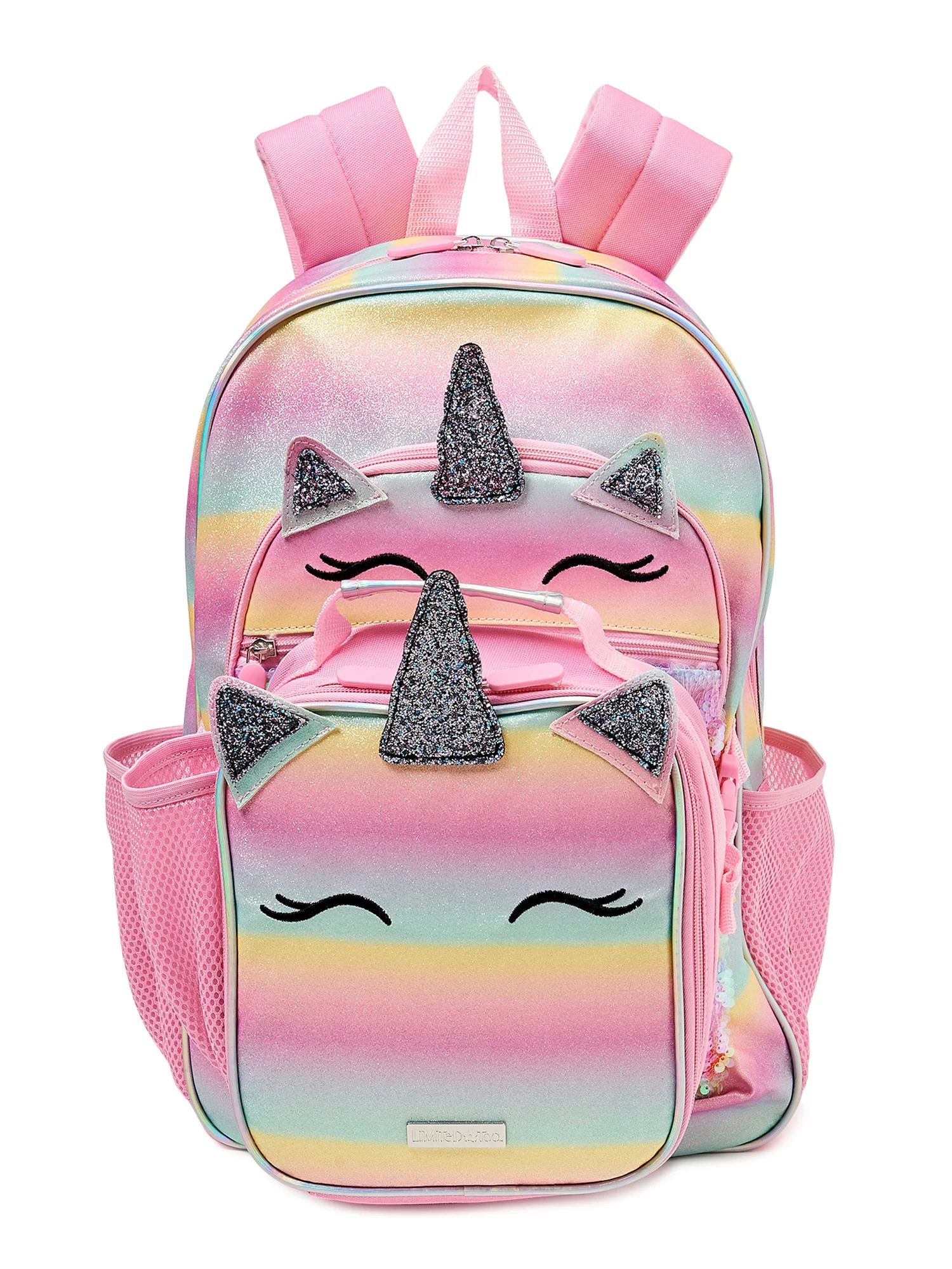 Lunch bag: top carry handle; zip-around closure; side mesh pocket; front unicorn face with 3D gli... | Walmart (US)