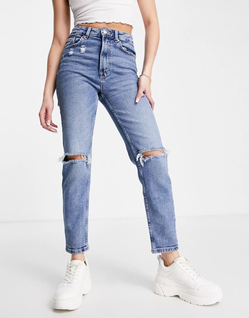 Stradivarius slim mom jean with stretch and rip in authentic blue-Blues | ASOS (Global)
