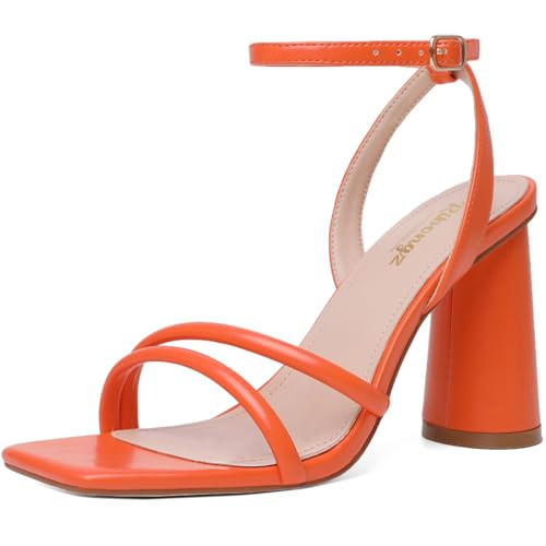 RIBONGZ Orange Strappy High Heels for Women Heeled Sandals Square Open Toe Ankle Strap Chunky Wedding Bridal Prom Shoes Block High Heels for Party Dress 7.5 | Amazon (US)