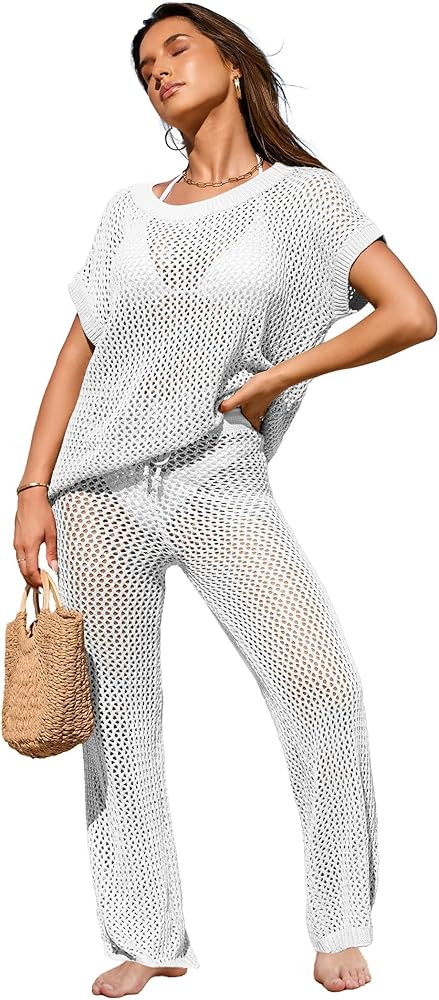 Famulily Womens 2 Piece Hollow Out Cover Up Set Crochet Knitted Outfits with Short Sleeve Tops an... | Amazon (US)