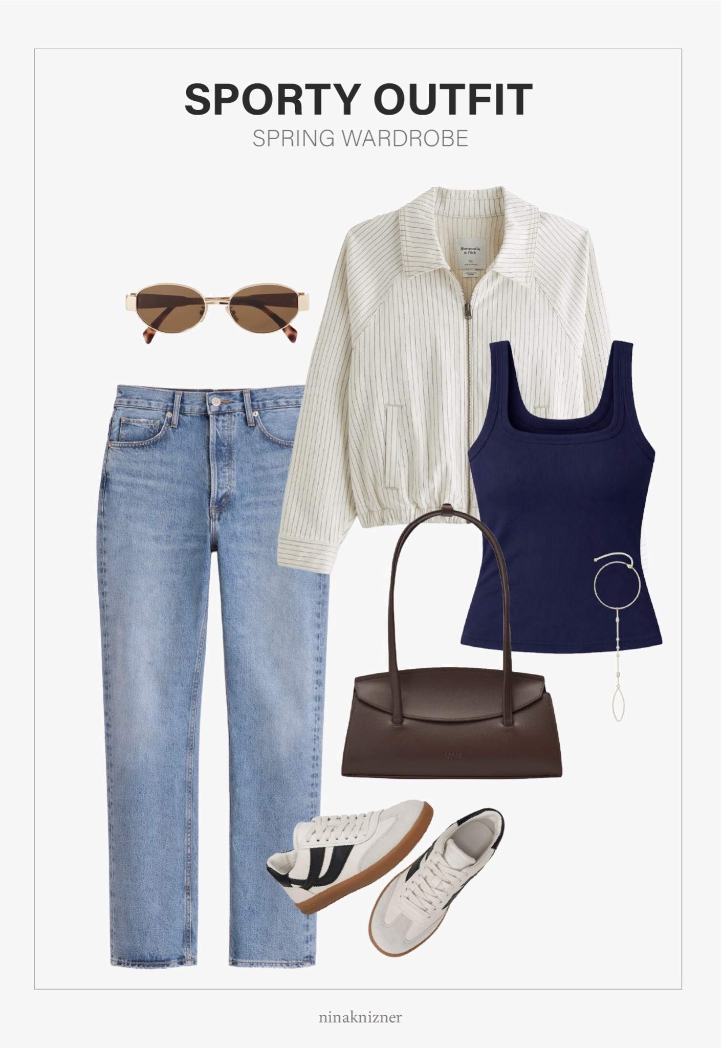 Navy + cream sporty outfit…with brown accents. 

My most worn jeans recently is this straight leg pair by Agolde. It hits at my ankles and is so perfect with sneakers, flats, and kitten heels. Worth every penny! Came across this tank brand on Amazon last week, and it feels very high quality, and is super flattering. I got the white, and just ordered the black, navy and brown.

Feel that the linen blend jacket will come super handy not only this spring, but for summer travels as well.


- Celine Triomphe 54mm Oval Sunglasses in Shiny Rose Gold/Brown
- Agolde 90’s Pinch Waist Jeans in Navigate
- Abercrombie - Relaxed Linen_blend Denim Bomber Jacket in Cream Stripe
- Amazon - Peoria - Ribbed Built in Bra Tank in Navy Blue
- Amazon - Hand Chain Bracelet in 14K Gold Plated
- Freja New York - Caroline Bag in Espresso
- Vince - Oasis Sneakers in Milk/Nightblue


#spring #summer #springoutfits2026 #womenspringoutfits #springbreak #essentials #staples #capsulewardrobe #minimalist #basics #essentials #staples #california #westcoast #destinations #ovalsunglasses #celine #brownsunglasses #denim #jeans #agolde #highrisestraightlegjeans #mediumwash #linenbomber #bomberjacket #navytank #tank #eastwestbag #espresso #chocolatebrown #brownbag #espressobag #springbag #summerbag #freja #vince #sneakers #sambas

#LTKSeasonal #LTKootd #LTKTravel