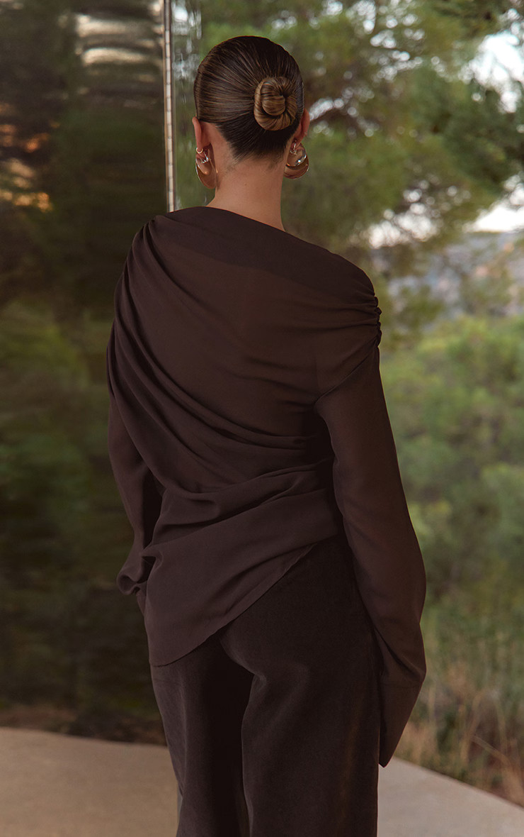 Dark Chocolate Chiffon Drape Top | PrettyLittleThing UK
