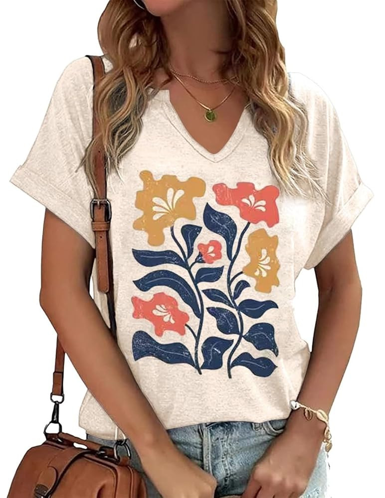 Womens Vintage Flowers V Neck Shirt Boho Floral Wildflowers Graphic Tee Casual Graphic Tees Tops ... | Amazon (US)