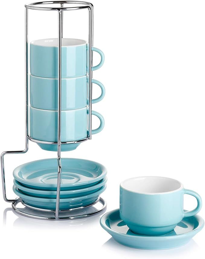 Sweese 405.402 Porcelain Stackable Espresso Cups with Saucers and Metal Stand - 4 Ounce - Set of ... | Amazon (US)
