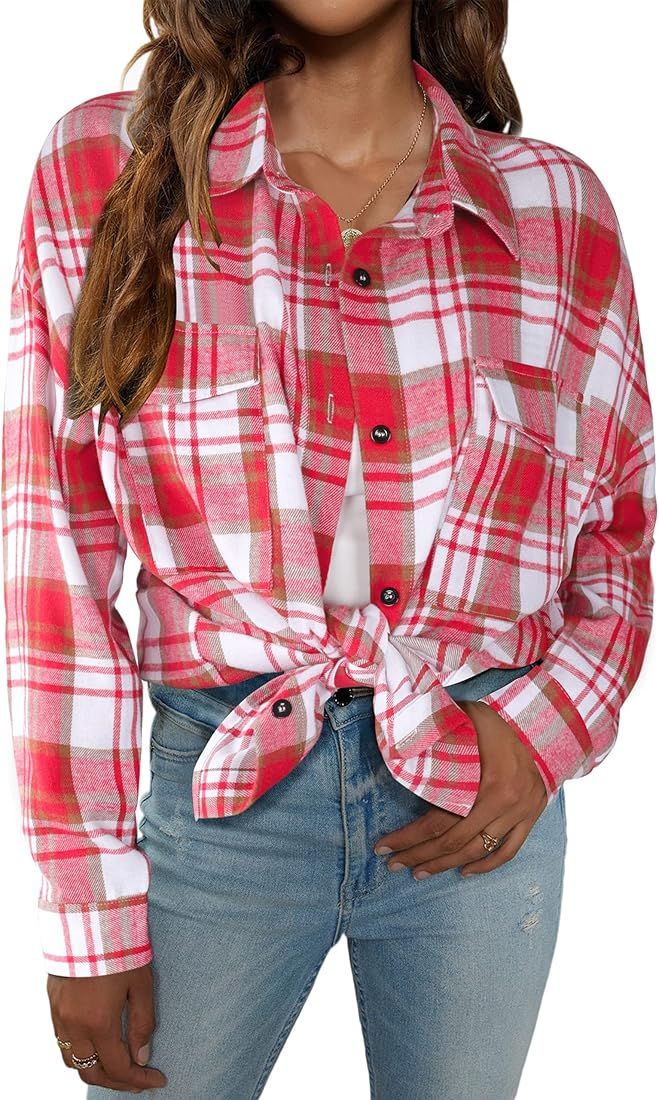 Blooming Jelly Women's Button Down Flannel Shirts Plaid Shacket Long Sleeve Collared Business Cas... | Amazon (US)