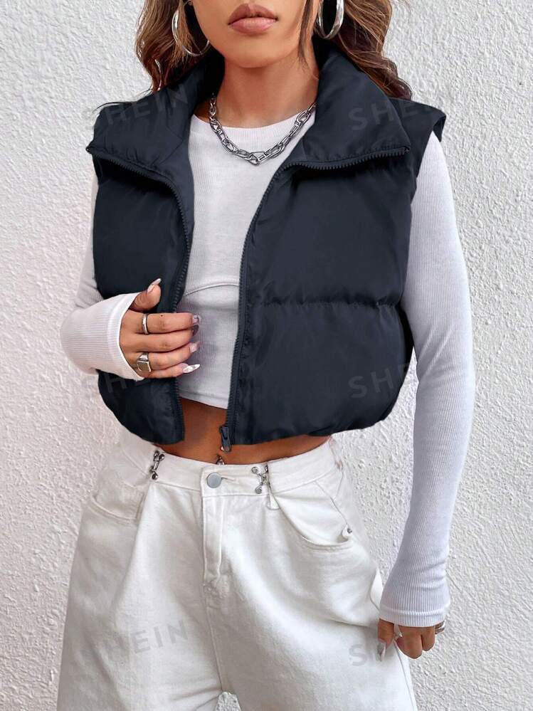 SHEIN EZwear Zipper Front Padded Vest Jacket | SHEIN USA | SHEIN