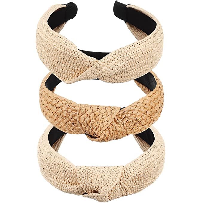 3 Pieces Straw Knotted Headbands for Women Summer Beach Rattan Top Knot Headband Bohemian Wide He... | Amazon (US)