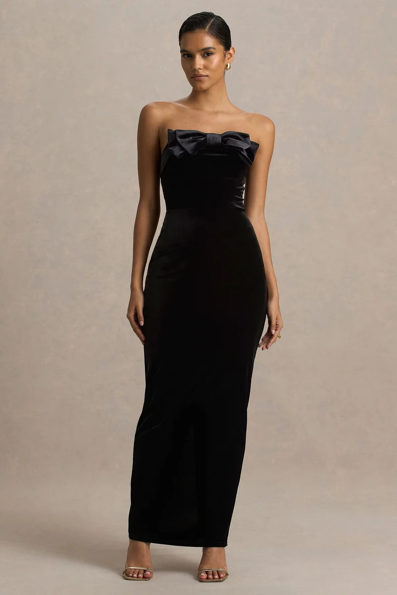 Illusion  Black Velvet Bandeau Maxi Dress With Bow Detail | Club L London