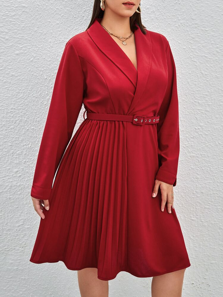 New
     
      Plus Shawl Collar Pleated Panel Belted Dress | SHEIN
