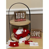 Love Wood Sign Xoxo Wooden Table Decor Tiered Handmade Red White Buffalo Checkered Rae Dunn Font Farmhouse Tray | Etsy (US)