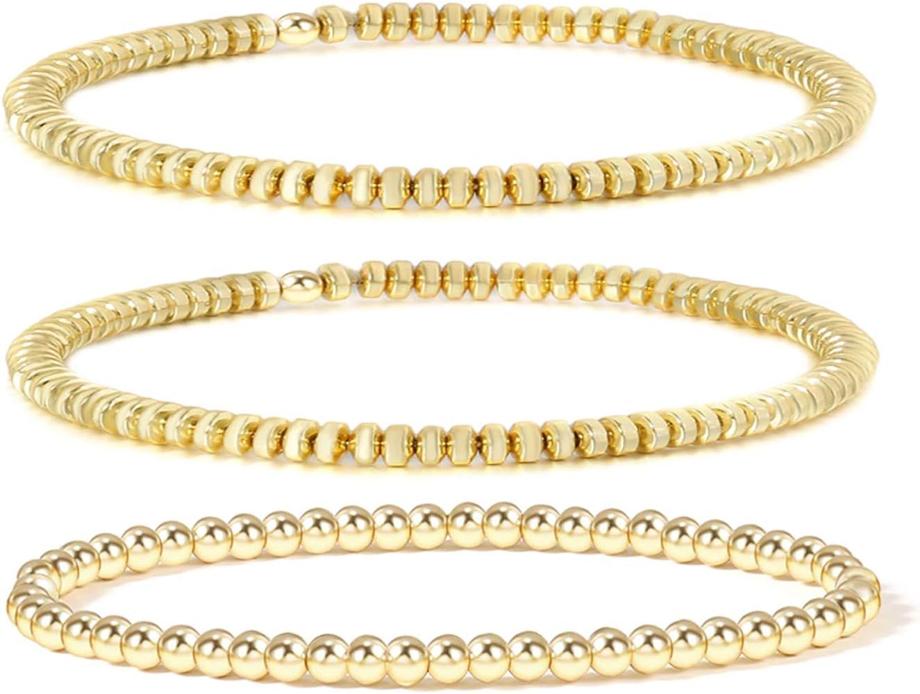 14K Gold Beaded Bracelets for Women,Dainty Gold Plated Chain Link Bracelet Stretchable Adjustable... | Amazon (US)