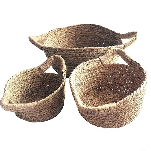 Natural Round Wicker Baskets with Handles, Handwoven Braided Seagrass Shelf Baskets - Set of 3 | Amazon (US)